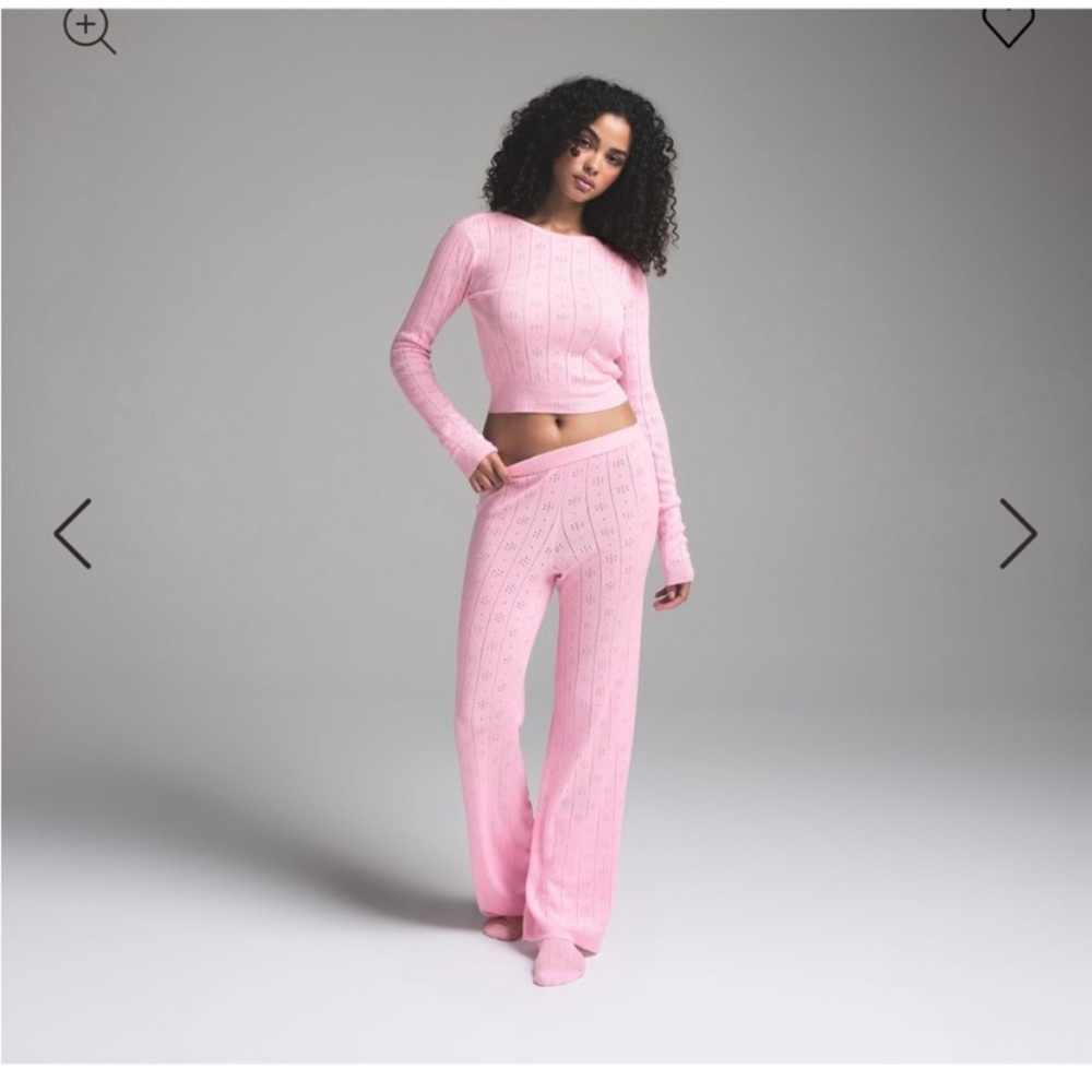 SKIMS NWT Baby Pink Knit pointelle Sweater straight leg Pant Size Small